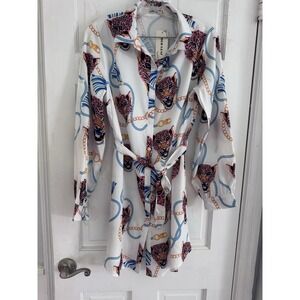 Red Leaf Leopard Chain Print Belted Shirt Dress White Pink Blue Travel Sz S NWT